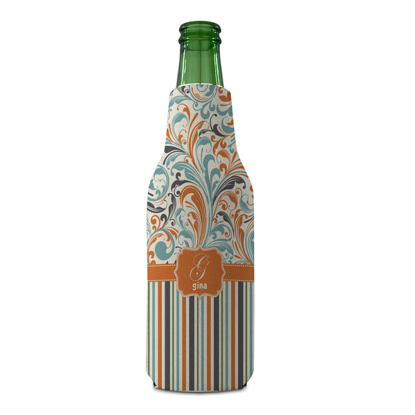 Orange Blue Swirls & Stripes Zipper Bottle Cooler - FRONT (bottle)