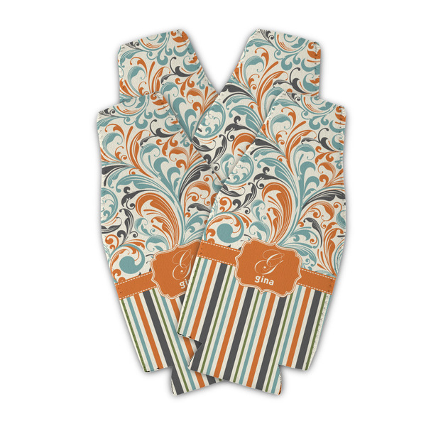 Custom Orange Blue Swirls & Stripes Zipper Bottle Cooler - Set of 4 (Personalized)