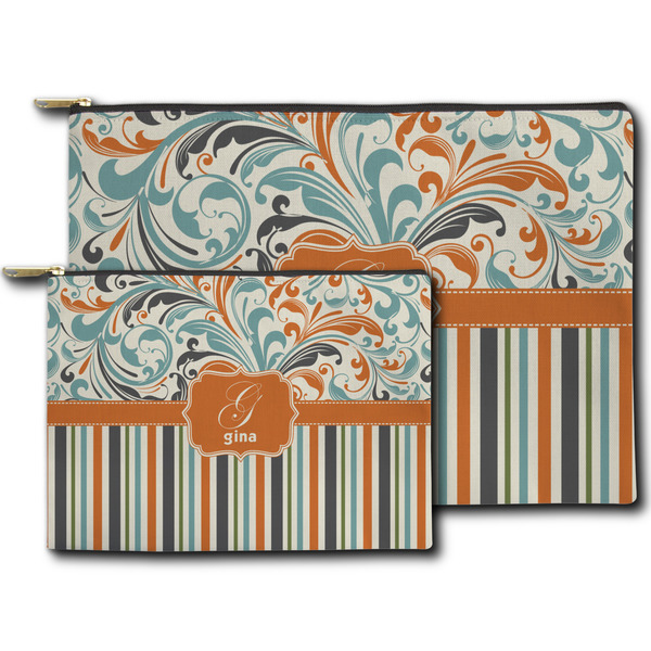 Orange Blue Swirls & Stripes Zippered Pouches - Size Comparison