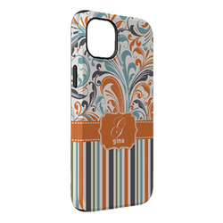 Orange Blue Swirls & Stripes iPhone Case - Rubber Lined - iPhone 14 Plus (Personalized)