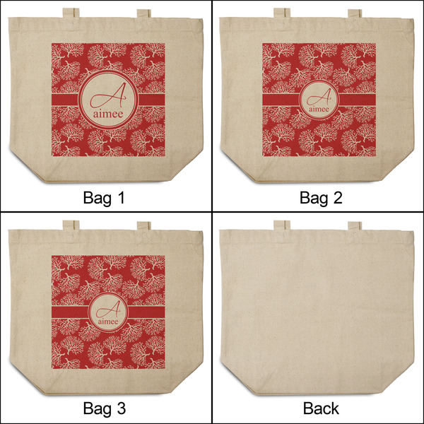 Coral 3 Reusable Cotton Grocery Bags - Front & Back View