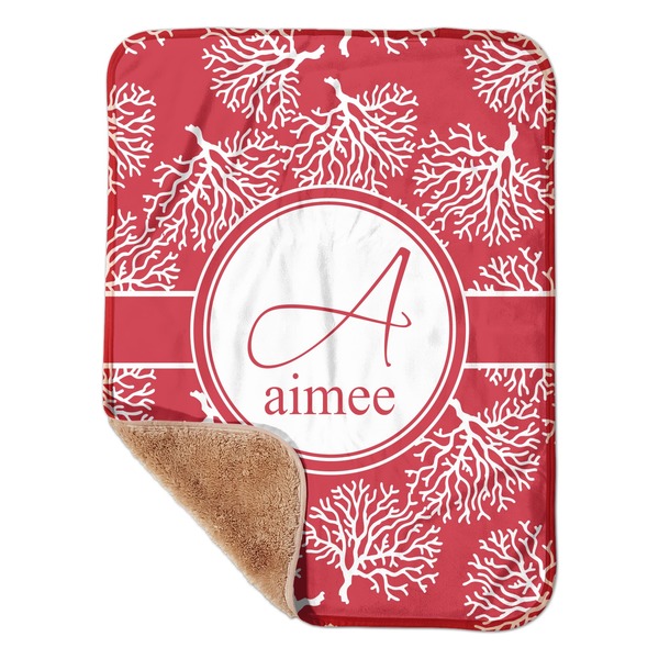 Custom Coral Sherpa Baby Blanket - 30" x 40" w/ Name and Initial