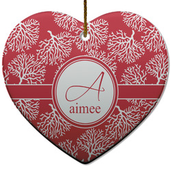 Coral Heart Ceramic Ornament w/ Name and Initial