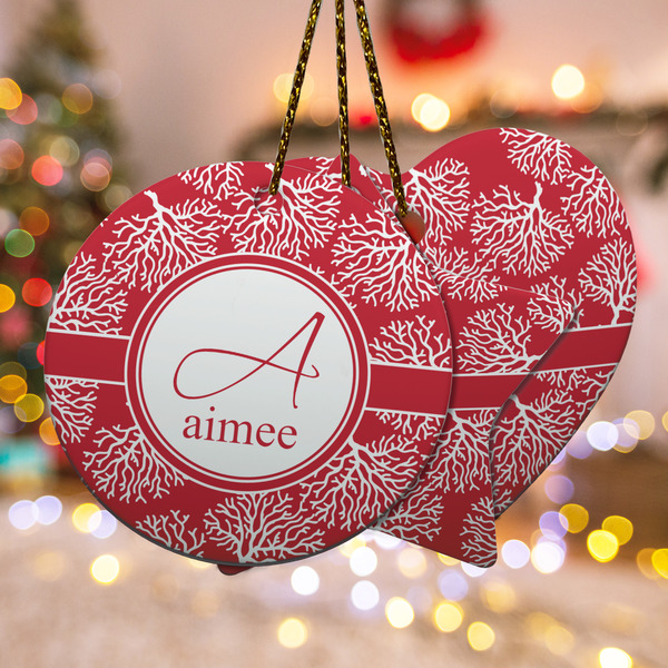 Custom Coral Ceramic Ornament w/ Name and Initial