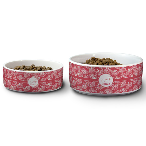 Coral Ceramic Dog Bowls - Size Comparison