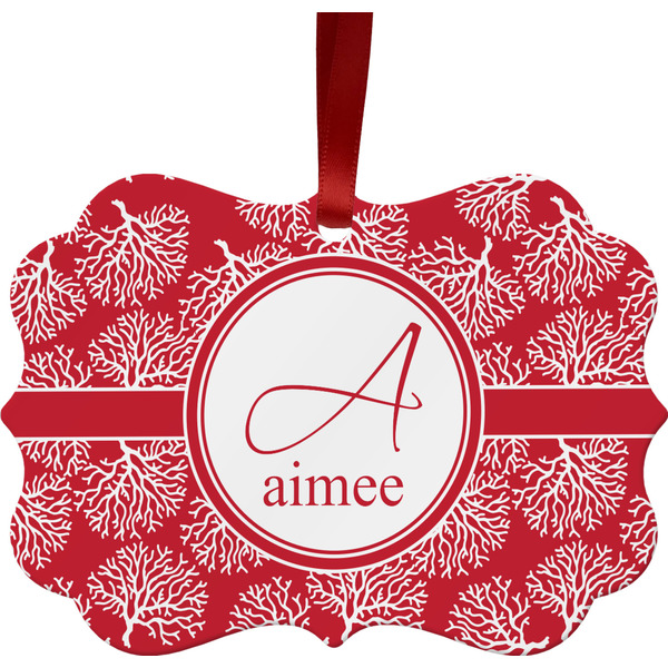 Custom Coral Metal Frame Ornament - Double Sided w/ Name and Initial
