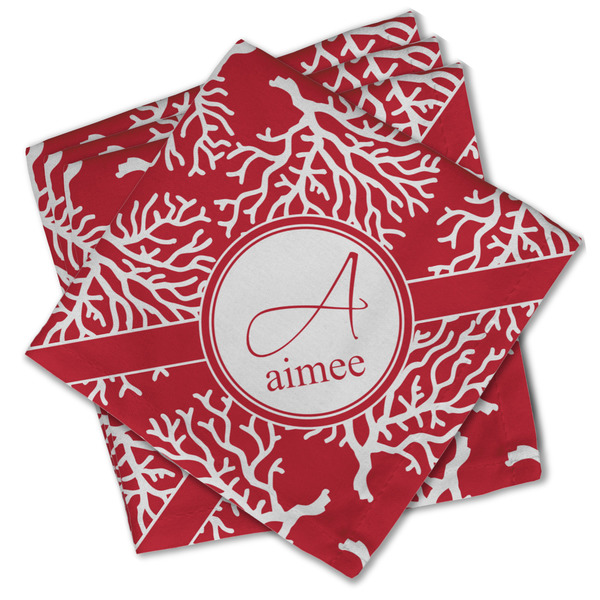 Custom Coral Cloth Cocktail Napkins - Set of 4 w/ Name and Initial