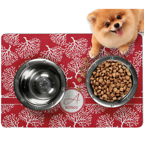 Custom Coral Dog Food Mat - Small w/ Name and Initial