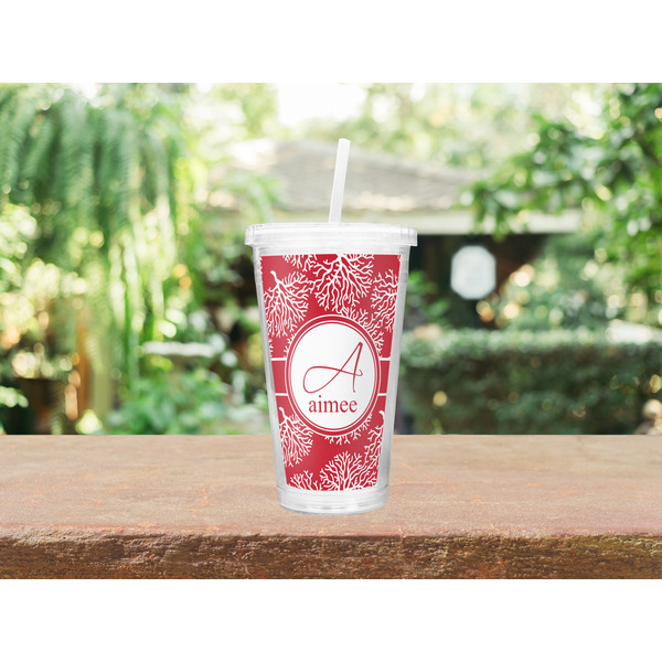 Coral Double Wall Tumbler with Straw Lifestyle