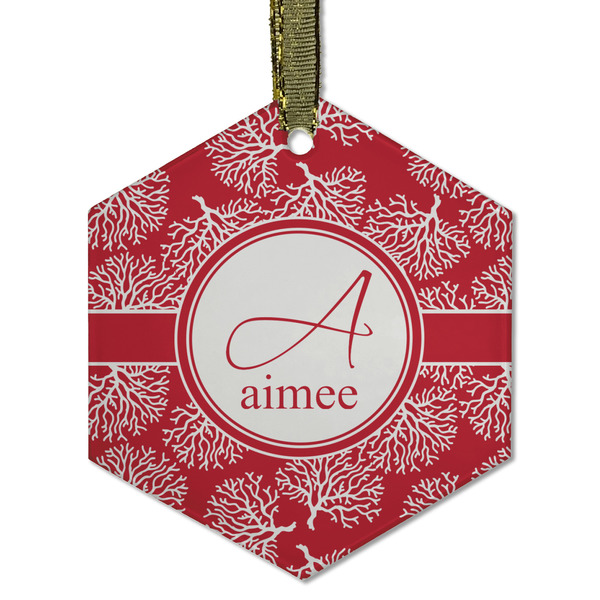 Custom Coral Flat Glass Ornament - Hexagon w/ Name and Initial