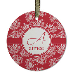 Coral Flat Glass Ornament - Round w/ Name and Initial