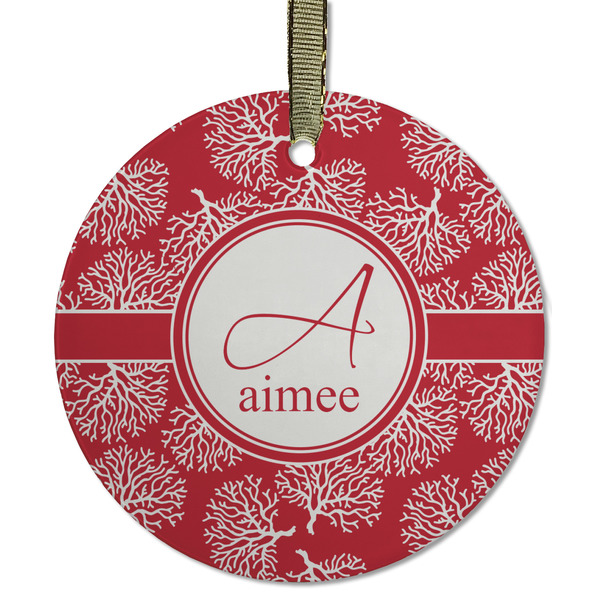 Custom Coral Flat Glass Ornament - Round w/ Name and Initial