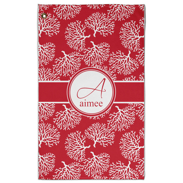 Custom Coral Golf Towel - Poly-Cotton Blend - Large w/ Name and Initial