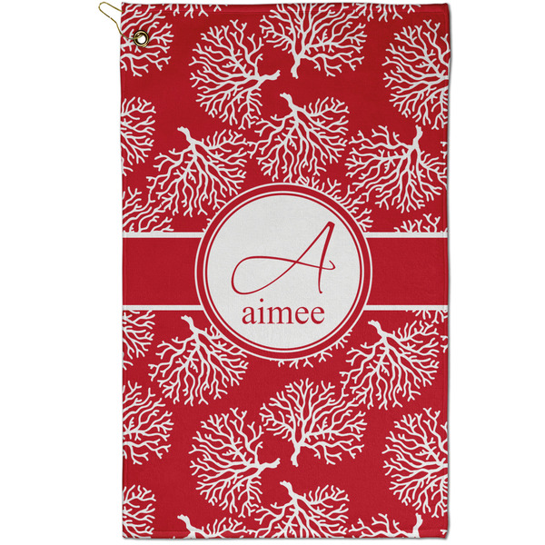 Custom Coral Golf Towel - Poly-Cotton Blend - Small w/ Name and Initial