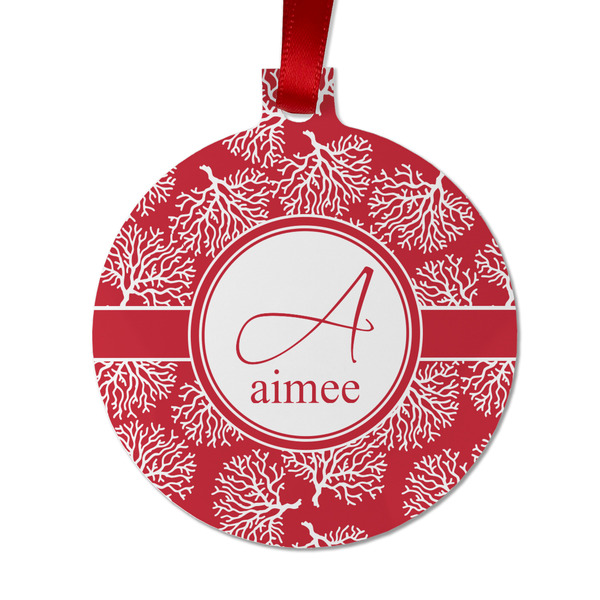 Custom Coral Metal Ball Ornament - Double Sided w/ Name and Initial