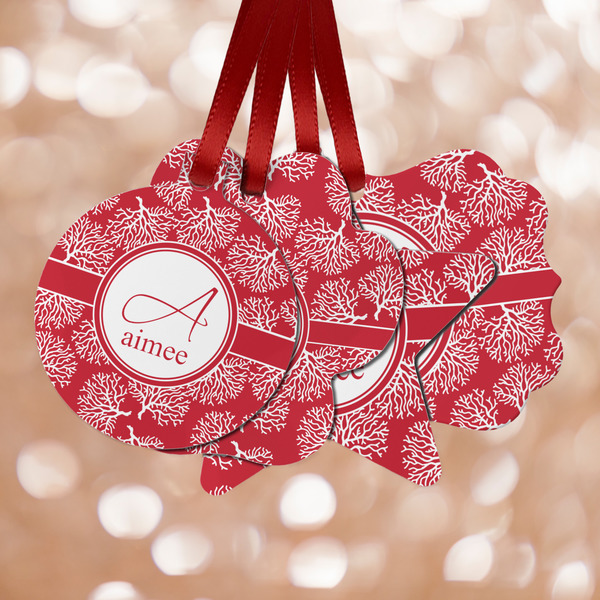 Custom Coral Metal Ornaments - Double Sided w/ Name and Initial