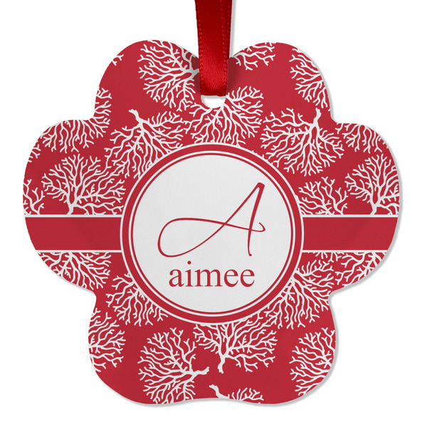 Custom Coral Metal Paw Ornament - Double Sided w/ Name and Initial