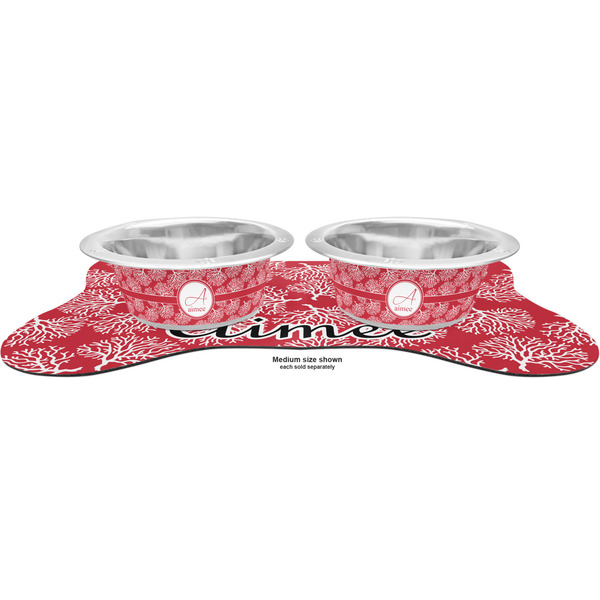 Coral Metal Pet Bowls - On Dog Bone Shaped Mat