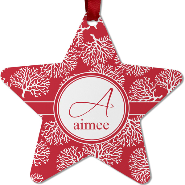 Custom Coral Metal Star Ornament - Double Sided w/ Name and Initial
