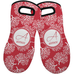 Coral Neoprene Oven Mitts - Set of 2 w/ Name and Initial