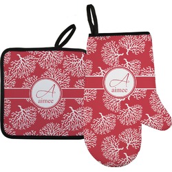 Coral Oven Mitt & Pot Holder Set w/ Name and Initial