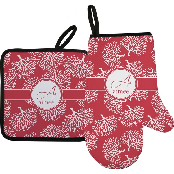 Custom Coral Right Oven Mitt & Pot Holder Set w/ Name and Initial