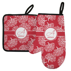 Coral Left Oven Mitt & Pot Holder Set w/ Name and Initial