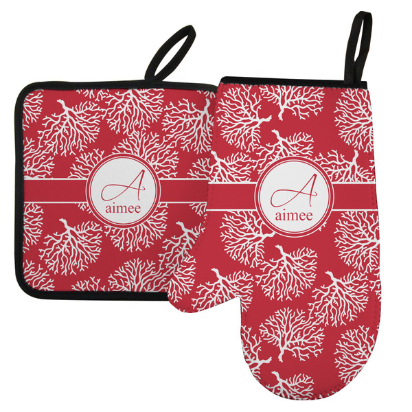 Custom Coral Left Oven Mitt & Pot Holder Set w/ Name and Initial