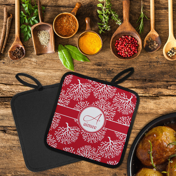 Coral Neoprene Pot Holder - Set of 2  LIFESTYLE (Flatlay)