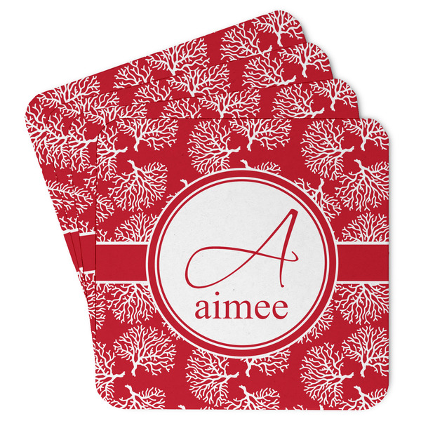 Custom Coral Paper Coasters w/ Name and Initial