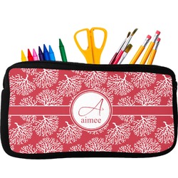 Coral Neoprene Pencil Case - Small w/ Name and Initial