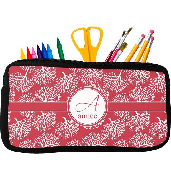 Custom Coral Neoprene Pencil Case - Small w/ Name and Initial