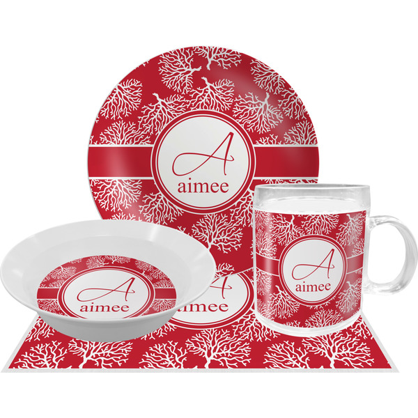 Custom Coral Dinner Set - Single 4 Pc Setting w/ Name and Initial