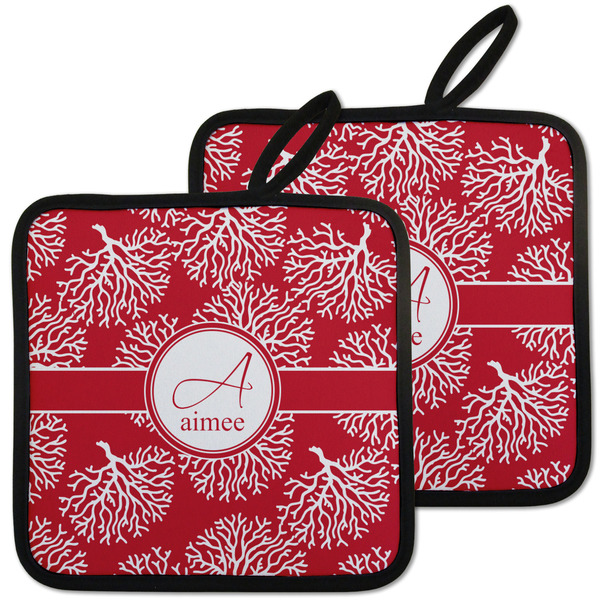 Custom Coral Pot Holders - Set of 2 w/ Name and Initial