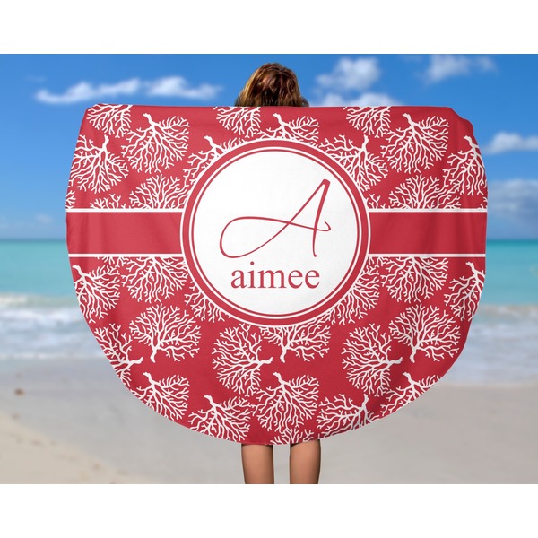 Coral Round Beach Towel - In Use
