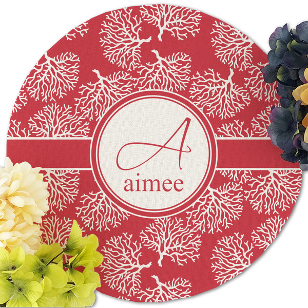 Coral Round Linen Placemats - Front (w flowers)