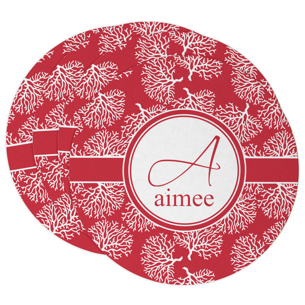 Custom Coral Round Paper Coasters w/ Name and Initial