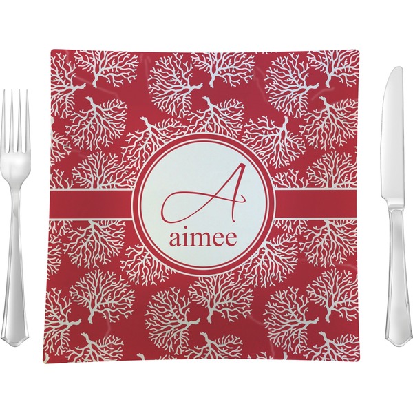 Custom Coral 9.5" Glass Square Lunch / Dinner Plate- Single or Set of 4 (Personalized)