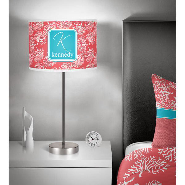Coral & Teal 13 inch drum lamp shade - in room