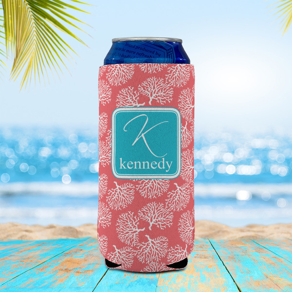 Coral & Teal 16oz Can Sleeve - LIFESTYLE