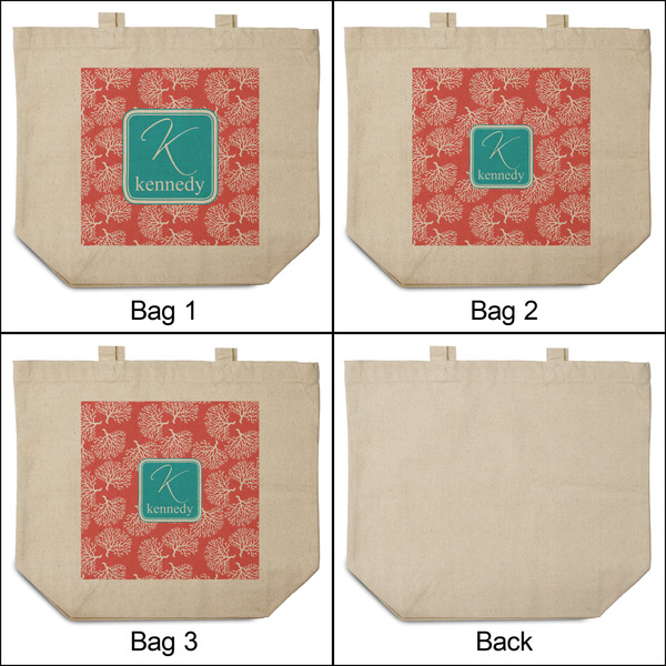 Coral & Teal 3 Reusable Cotton Grocery Bags - Front & Back View