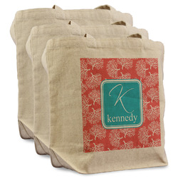 Coral & Teal Reusable Cotton Grocery Bags - Set of 3 (Personalized)