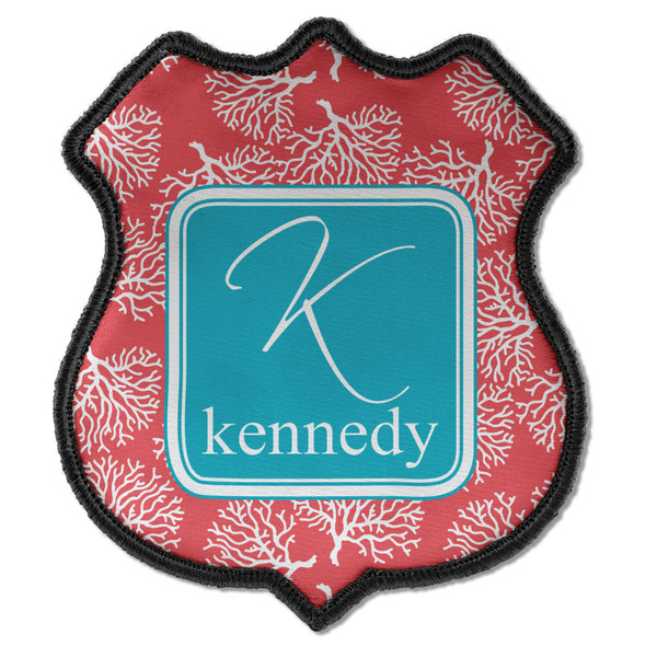 Custom Coral & Teal Iron On Shield Patch C w/ Name and Initial
