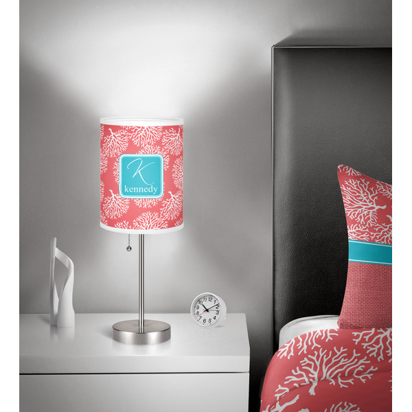 Coral & Teal 7 inch drum lamp shade - in room