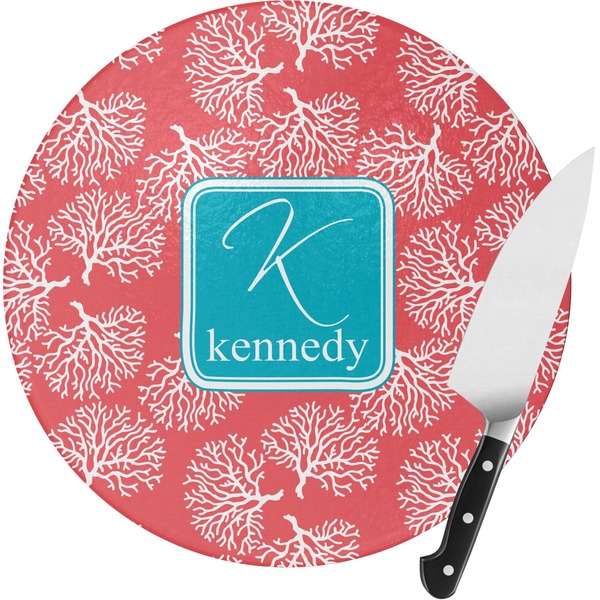 Custom Coral & Teal Round Glass Cutting Board - Small (Personalized)