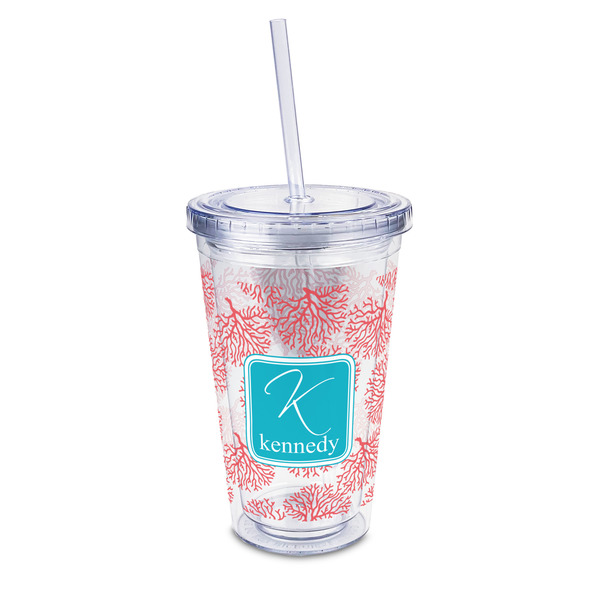 Custom Coral & Teal 16oz Double Wall Acrylic Tumbler with Lid & Straw - Full Print (Personalized)