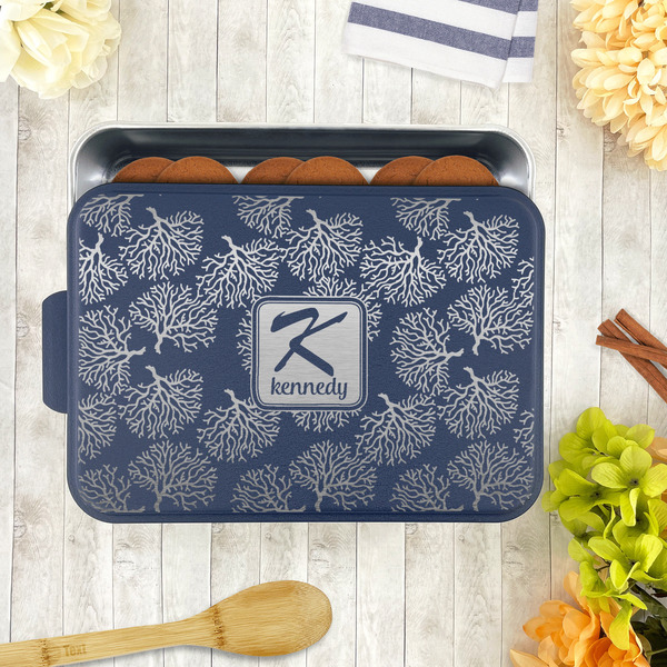 Coral & Teal Aluminum Baking Pan - Navy Lid - LIFESTYLE