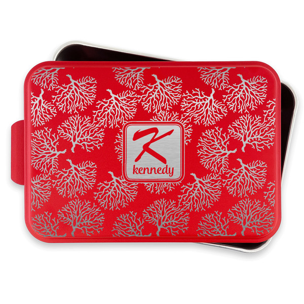 Coral & Teal Aluminum Baking Pan - Red Lid - FRONT w/lif off