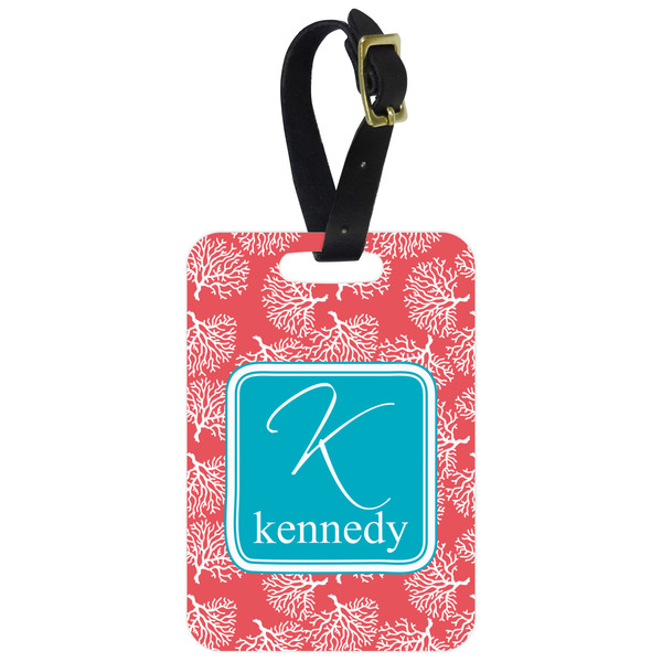 Custom Coral & Teal Metal Luggage Tag w/ Name and Initial