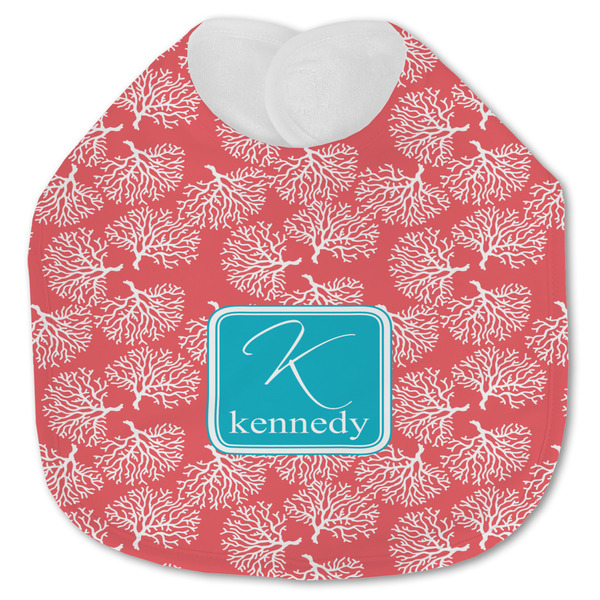 Custom Coral & Teal Jersey Knit Baby Bib w/ Name and Initial